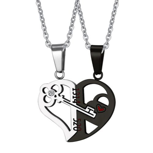 2pcs Mens Womens Couples Love Heart Stainless Steel Pendant Necklace Set Jewelry Gifts Silver and Black 
